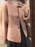 Ebbgo  Sweet Woolen Jacket Women Fashion Round Neck Single Breasted Temperament Gentle Solid Spring Cute Loose Temperament Lady Coat