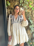 Ebbgo  -  Casual Embroidered Mini Dress Women Summer V Neck Lantern Sleeve Patchwork Elegant Dresses New Casual Fashion Holiday Robe