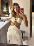 Ebbgo  -  Sexy Hollow Out Tassel Halter Beach Dress Backless Off Shoulder Split White Dresses Summer Cut Out Lady Chic Vestidos