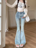 Ebbgo  Korean style Blue Fashion Flare Pants Women Pockets Elegant Denim Pants Female High Waist Casual Slim Pants