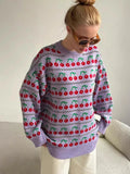 Ebbgo  -  Women's Round Neck Cherry Printed Sweater Autumn Winter New Mid Length Fashion Top Retro Knitted Sweater Pullover