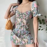 Ebbgo  -  Summer New Large Vacation Style Fashion Flower Print Drawstring Square Neck Short Sleeve Dress Bubble Sleeve Short Dress