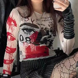 Ebbgo  -  European and American Autumn Sexy New Round Neck Pullover Long Sleeve Mesh Printed Open Navel Casual Women's Top T-shirt