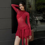 Ebbgo  See-through Long Sleeve Ruched Sexy Bodycon Dresses Elegant A-Line Pleated Mesh Sheer Mini Dress Party Club Outfits for Women