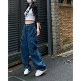 Ebbgo   Vintage Dark Blue Women Cargo Jeans Summer Y2K Streetwear Loose Pocket High Waist Denim Pants Bf Straight Wide Leg Trousers