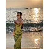 Ebbgo  - Women's Wear Dress Gentle High Waist Cherry Green Flower Temperament Embroidery Sling Long Dress Solid Summer Skirts