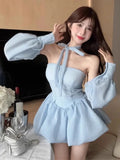 Ebbgo  Sweet Slash Neck Strapless Fluffy Dress Women Fashion Collarbone Cuff Stripe Spicy Girl Korean Fashion Slim Summer Party Wear