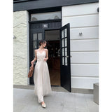 Ebbgo  2024 New Spicy Girl V-Neck Strap Pleated Hollow Out Dress for Women Summer Sexy Backless Show Thin Apricot Style Long Dress