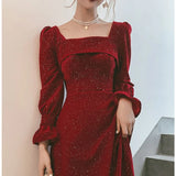 Ebbgo  -  Bridal Red Party Marriage Engagement Formal Dress Long Sleeve Satin Square Collar Shiny Maxi Dress H2992p