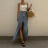 Ebbgo  high Waist Slit Jean Long Skirt Women's Vintage Y2k New Streetwear Fashion Office Blue Denim Skirt Grils Package Hip Skirts