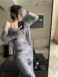 Ebbgo  -  Vintage Rose Print Tie Dye Camisole Slim Waist Split Dress+ Long Sleeve Sun Protection Cardigan Summer New Two Piece Sets