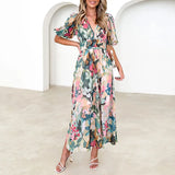 Ebbgo  -  Fashion Puff Sleeves Pleated Holiday Dress New Casual Floral Print High Waist Party Dress Female V-neck Summer Boho Long Dresses