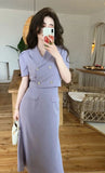 Ebbgo  -  Summer Casual Elegant Blouse Suits Women Purple Vintage Korean Fashion Short Sleeve Shirts +Hight Waist Skirts 2 Pieces Set