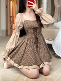 Ebbgo  Summer Kawaii Party Lolita Dress Women Causal Long Sleeve Y2k Mini Dress Female Plaid Slim One Piece Dress Korean Chic