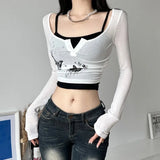 Ebbgo  Fashion Butterfly Print Slim Fit Long Sleeve T-shirts+ Y2k E-Girl Sexy Black Camisole Tops 2024 Summer New Two Piece Sets