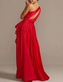 Ebbgo  - Sexy Backless Prom Dress Formal Evening Party Gowns One Shoulder Sleeveless Asymmetrical Satin with Pleats Slit Ruffles