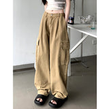 Ebbgo  Women's 4XL Khaki Brown Hot Girl Baggy Cargo Pants Jeans Denim Wide Leg Pants Trousers Streetwear Korean Style Sweatpants