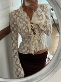 Ebbgo  Women s Summer Lace Shirt Tops Y2k Flare Long Sleeve Tie Front Sheer Slim Crop Cardigan Clubwear