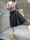 Ebbgo  Korean style Preppy Fashion Vintage Plaid Summer Women Midi Skirt High Waist Pleated A-line Temperament Loose Y2K Skirt