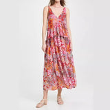 Ebbgo  -  Spring Floral Print Chiffon Holiday Beach Dress Women Sexy V Neck Backless Sling Long Dress Summer Sleeveless Pleated Maxi Dress