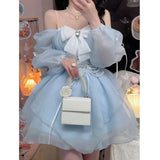 Ebbgo  -  Women's Blue A-line Princess Fairy Dress Y2k Vintage Elegant Mini Dress Long Sleeve One Piece Frocks 2000s Clothes Summer