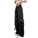 Ebbgo  American casual pants women's summer straight trousers mopping floor wide leg drawstring Cargo pants high waist slim trousers