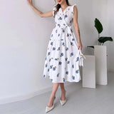 Ebbgo  -  Vintage Fashion Geometric Print Summer Dress Women V Neck High Waist Belted Long Dress Spring Butterfly Sleeve A-Line Maxi Dress