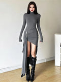 Ebbgo  -  Spring New Simple Sexy Irregular Dress Women's Elegant Bodycon Gray High Split Runway Dresses Autumn Long Sleeve Modern Clothes