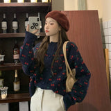 Ebbgo  -  Cherry Jacquard Wool Jumpers Woman Cardigan Button Up Thicken Autumn Sweater Female Korean Sweet Knit Coat Winter