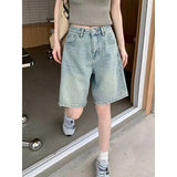 Ebbgo  Blue Women's Shorts Jeans High Waist Straight Pants TIKTOK Streetwear Y2K 90s Vintage Female Wide Leg Denim Five Points Trouser