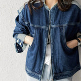 Ebbgo  Blue Spring Autumn Woman Jean Coat Outerwear Denim Jacket for Women Zip-up Plain Y2k Fashion Korea Streetwear  Trend Deals