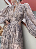 Ebbgo  Vintage Beach Floral Maxi Dress Women Elegant Hollow Out Korean Holiday Split Dress Female Casual Long Sleeve Fairy Party Dress