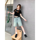 Ebbgo  Blue Women's Shorts Jeans High Waist Straight Pants TIKTOK Streetwear Y2K 90s Vintage Female Wide Leg Denim Five Points Trouser