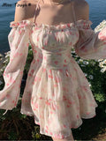 Ebbgo  Elegant Floral Sexy Dress Women Summer Print Party Mini Dresses Casual High Waist Holiday Long Sleeve Korean Fashion Dress