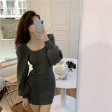 Ebbgo  -  Autumn Winter Dress Elegant Vintage Thick Slim Warm Women Knitted Dress Square Collar Knit Chic Sweater Dress