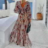 Ebbgo  -  Fashion Pattern Print Vacation Beach Dress Women Spring V Neck Long Sleeve Boho Maxi Dress Summer Lace-up Backless Long Dresses