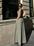 Ebbgo  -  Elegant Sleeveless Spliced Zipper V-neck Maxi Dress Fashion High Waist Slim Pleated Long Dresses Summer Office Lady Street Robes