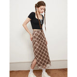 Ebbgo  n-style retro lace lace bow grid grid yarn slit skirt woman