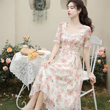 Ebbgo  French Romantic Floral Dress Female Pink Print Lace Square Neck Chic Vintage Dresses For Women's Summer Elegant Fairy Vestidos