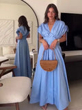 Ebbgo  -  Elegant Blue 3D Big Flower Pleated Long Dress Fashion V Neck Sleeveless Wrapped Waist Dresses Summer Female Vacation Party Robes