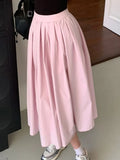 Ebbgo  -  Casual Pink Pleated A-line Skirts Summer Women's Sweet High Waist Solid Colour Big Hem Skirts New Fashion Loose Clothing