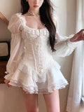 Ebbgo  -  French Sweet White Y2k Mini Dress Women Summer Long Sleeve Beach Style One Piece Dress Korean Fashion Japanese Kawaii Chic