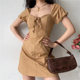 Ebbgo  -  Summer New French Sexy Square Neck Lace Up Bubble Sleeves Slimming Dress Women's Slim Fit A-line Short Skirt