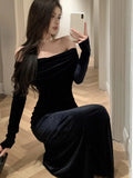 Ebbgo  Retro Velvet Long Dresses For Women Slash Neck Long Sleeve Bodycon Mermaid Autumn Winter Sexy Evening Party Prom Robe Vestidos