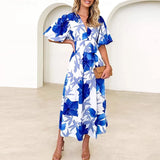 Ebbgo  -  Spring Fashion Floral Print Hem Long Dress Women Elegant V Neck High Waist Party Dress Summer Short Sleeve Holiday Beach Dresses