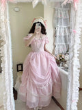 Ebbgo-  Gentle Pink Puff Sleeve Op Dress Floral Wedding Lolita Waist Slimming Bow Tail