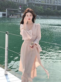 Ebbgo  French Romantic Pink Chiffon Long Dress V-neck Flare Sleeve vestido maxi robe femme chic et élégante soiree longue wedding prom