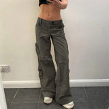 Ebbgo  Side Pocket Denim Cargo Pants Women's Low Waist Spice Girl Wide Leg Pants New Spring American Retro Straight Jeans Trousers