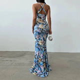 Ebbgo  -  Spring Floral Print High Split Long Maxi Dress Women Sexy Deep V Neck Slim Bodycon Party Dress Summer Backless Hollow Boho Dress