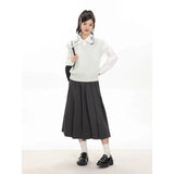 Ebbgo  Grey Pleated Skirt for Women 2023 New Autumn Preppy Style High Waist A Line Mid-length Skirts Vintage Casual Female Skirt